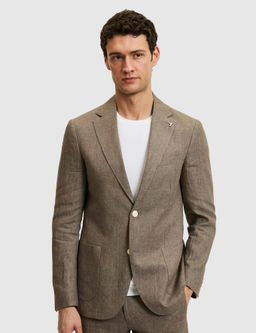 Kahverengi Slim Fit %100 Keten Mikro Desen Mono Yaka Ceket