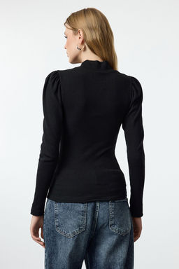 Siyah Fitted/Vucuda Oturan Dik Yaka Balon Kollu Fitilli Esnek Orme Bluz TWOAW25BZ00077