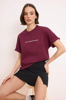 Murdum Slogan Oversize/Genis Kal?p Dusuk Kol K?sa Kollu %100 Pamuk Orme T-Shirt TWOSS26TS00172