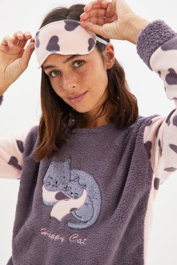 Trendyolmilla Bordo Kalpli Kedi Nak?sl? Uyku Bantl? Polar K?sl?k Orme Pijama Tak?m? THMAW21PT0669  фото 3
