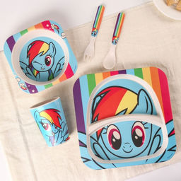 Набор детской бамбуковой посуды, 5 предметов: тарелка, вилка, ложка,стакан,миска Радуга Дэш, My Little Pony - Hasbro фото 3