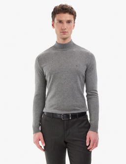 Gri Melanj Slim Fit Yar_m Bal_k__ Yaka Basic Triko Kazak