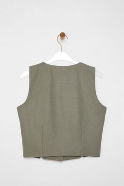 Ac?k Haki Fitted Keten Gorunumlu V Yaka Crop Dokuma Yelek TWOSS25YE00028