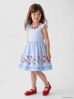 Kare Yaka Hello Kitty Bask?l? K?z ?ocuk Elbise