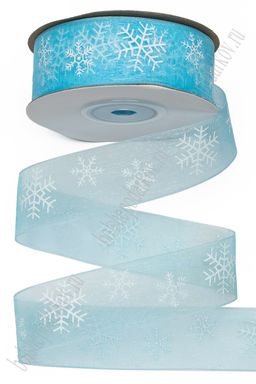 Лента органза 2,5 см*25 ярд "Снежинки" SF-6143, голубой №1093