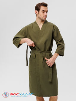 Мужской укороченный вафельный халат с планкой хаки В-05 (26)