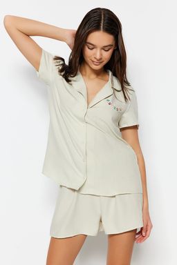 Ac?k Bej Slogan Nak?sl? Sortlu Dokuma Pijama Tak?m? THMSS23PT00232