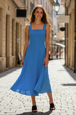TRENDYOLMILLA Mavi A Kesim Kare Yaka Kup Detayl? S?rt? Ayar Ask?l? Astarl? Dokuma Elbise TWOSS25EL00133