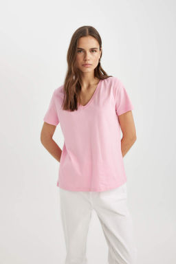 Regular Fit V Yaka Basic Duz Penye K?sa Kollu Tisort - Defacto фото 5