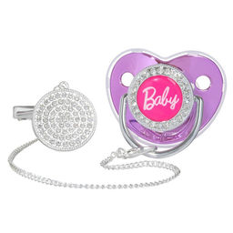 Соска - пустышка силиконовая ортодонтическая M&B «BABY», от 6 мес., с колпачком, держатель - цепочка, цвет розовый/серебро, стразы