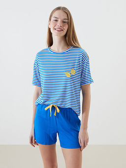 Bisiklet Yaka ?izgili Kad?n ?ortlu Pijama Tak?m?