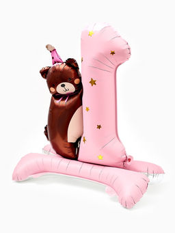 Цена за 2 шт. Воздушный шар фольгированный 32" "Цифра 1 с мишкой"  цвет розовый, под воздух