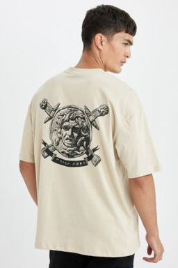 Oversize Genis Kal?p Bisiklet Yaka S?rt Bask?l? Pamuklu K?sa Kollu Tisort