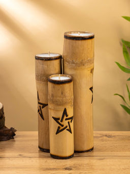 Свеча в бамбуке двойная «Звезда», 13×14×30 см, 100 мл, бежевая