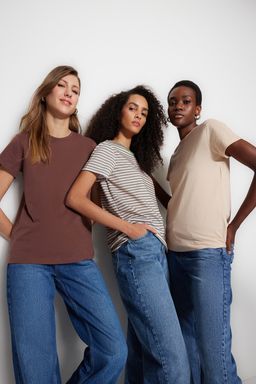 Kahverengi-Bej-Haki Cizgili 3lu Paket Basic Bisiklet Yaka Orme T-Shirt TWOSS20TS0146