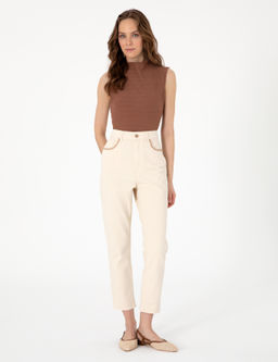 Ekru Mom High Waist Fit Jean Pantolon