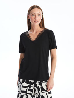 V Yaka Dantel Detayl? K?sa Kollu Kad?n Bluz