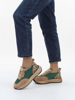 04-PDJ96-2 BEIGE/GREEN Кроссовки демисезонные женские (натуральная замша, натуральная кожа, текстиль)