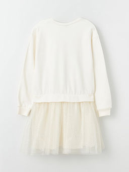 Bisiklet Yaka Bask?l? Uzun Kollu K?z ?ocuk Elbise