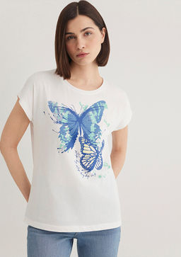 Kelebek Bask?l? Beyaz Tisort - Mavi фото 2