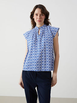 Ba?lamal? Yaka Desenli K?sa Kollu Kad?n Bluz