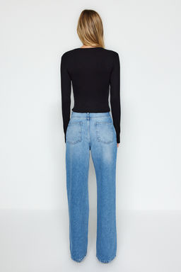 Siyah Premium Yumusak Kumasl? Viskon Bisiklet Yaka Crop Esnek Orme Bluz TWOAW24BZ00116