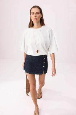 Ekru Oversize/Genis Kal?p Yarasa Kol K?sa Kollu Interlok Orme T-Shirt TWOSS26TS00143
