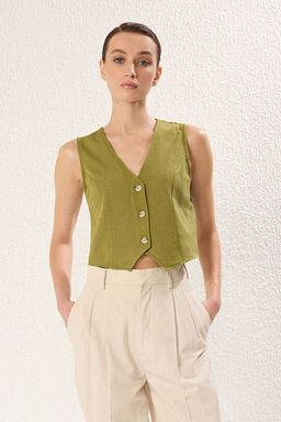 TRENDYOLMILLA Bej Regular Pamuk Crop Keten Dokuma Yelek TWOSS24YE00024  фото 11