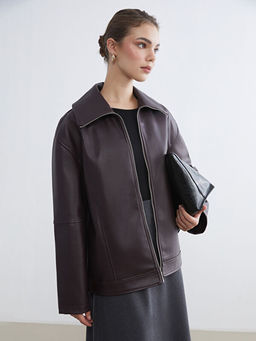 G?mlek Yaka Oversize Kad?n Deri G?r?n?ml? Ceket