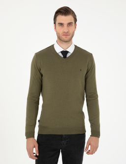 Koyu Haki Slim Fit V Yaka Basic Triko Kazak - Pierre cardin фото 3