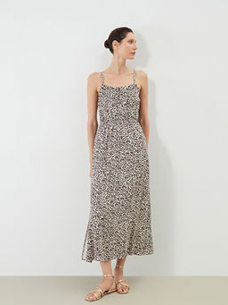U Yaka Leopar Desenli Ask?l? B?zg?l? Elbise