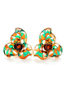 Изысканные позолоченные серьги с натуральным янтарём и эмалью Verona