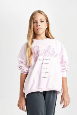 Мягкий пушистый свитшот оверсайз с круглым вырезом для девочек Барби - Defacto фото 4