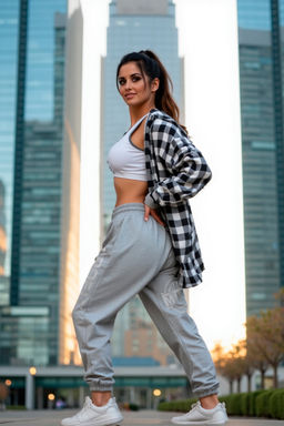 Брюки "бананы" с серым принтом