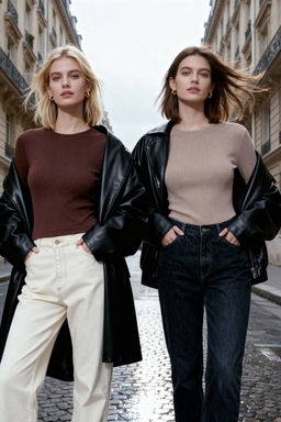 Kahverengi-Bej 2li Paket Vucuda Oturan Bisiklet Yaka Fitilli Crop Esnek Orme Bluz TWOAW22BZ0331