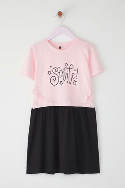 Pudra K?z Cocuk %100 Pamuk Slogan Bask?l? K?sa Kol Mini Orme Elbise TKDSS25EL00089