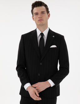Siyah Slim Fit _izgili Y_n Tak_m Elbise
