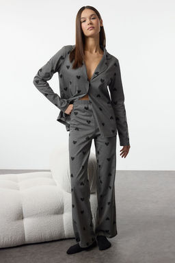 Gri %100 Pamuklu Kalp Desenli Orme Pijama Tak?m? THMAW21PT0548