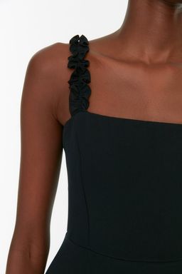 Siyah A Kesim Kare Yaka Ask? Detayl? Mini Dokuma Elbise TWOSS22EL2175