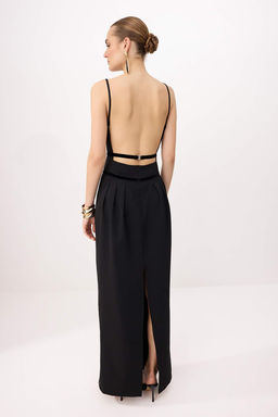 Siyah S?rt Dekolteli Kadife Serit Detayl? Maxi Abiye & Mezuniyet Elbisesi TPRSS26AE00109 - Trendyolmilla фото 3