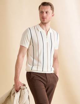 Ekru Slim Fit Polo Yaka Fermuarl_ Triko Ti__rt