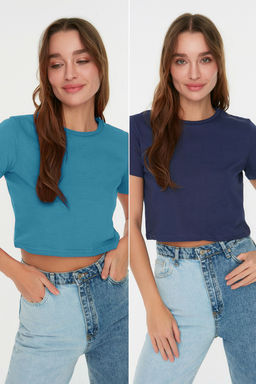 Lacivert-Turkuaz 2li Paket %100 Pamuk Crop Bisiklet Yaka Orme T-Shirt TWOSS20TS1480