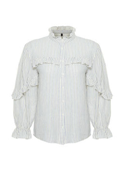 TRENDYOLMILLA Ekru Cizgili F?rf?r Detayl? Muslin Dokuma Gomlek TWOSS24GO00081