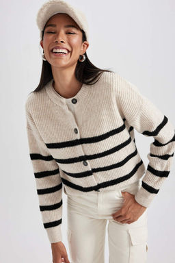 Полосатый кардиган стандартного кроя с круглым вырезом из ткани Selanik
