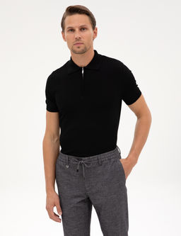 Siyah Slim Fit Fermuarl_ Polo Yaka Triko Kazak