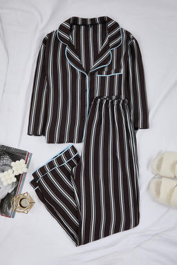 Kahverengi-Mavi Cizgili Biyeli Viskon Dokuma Pijama Tak?m? THMAW21PT0292