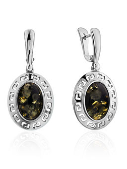 Удлинённые серьги Элладас зелёным янтарём