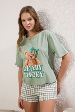 Mint %100 Pamuklu Ay?c?kl? Sortlu Orme Pijama Tak?m? THMSS25PT00409