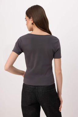 Antrasit D_z Fitted Ka__k Yaka Standart Kol Crop Pamuk Ribana _rme T-Shirt TWOSS26TS00203 - Trendyolmilla фото 4
