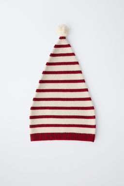 STRIPED KNIT BEANIE WITH POMPOM AND WOOL